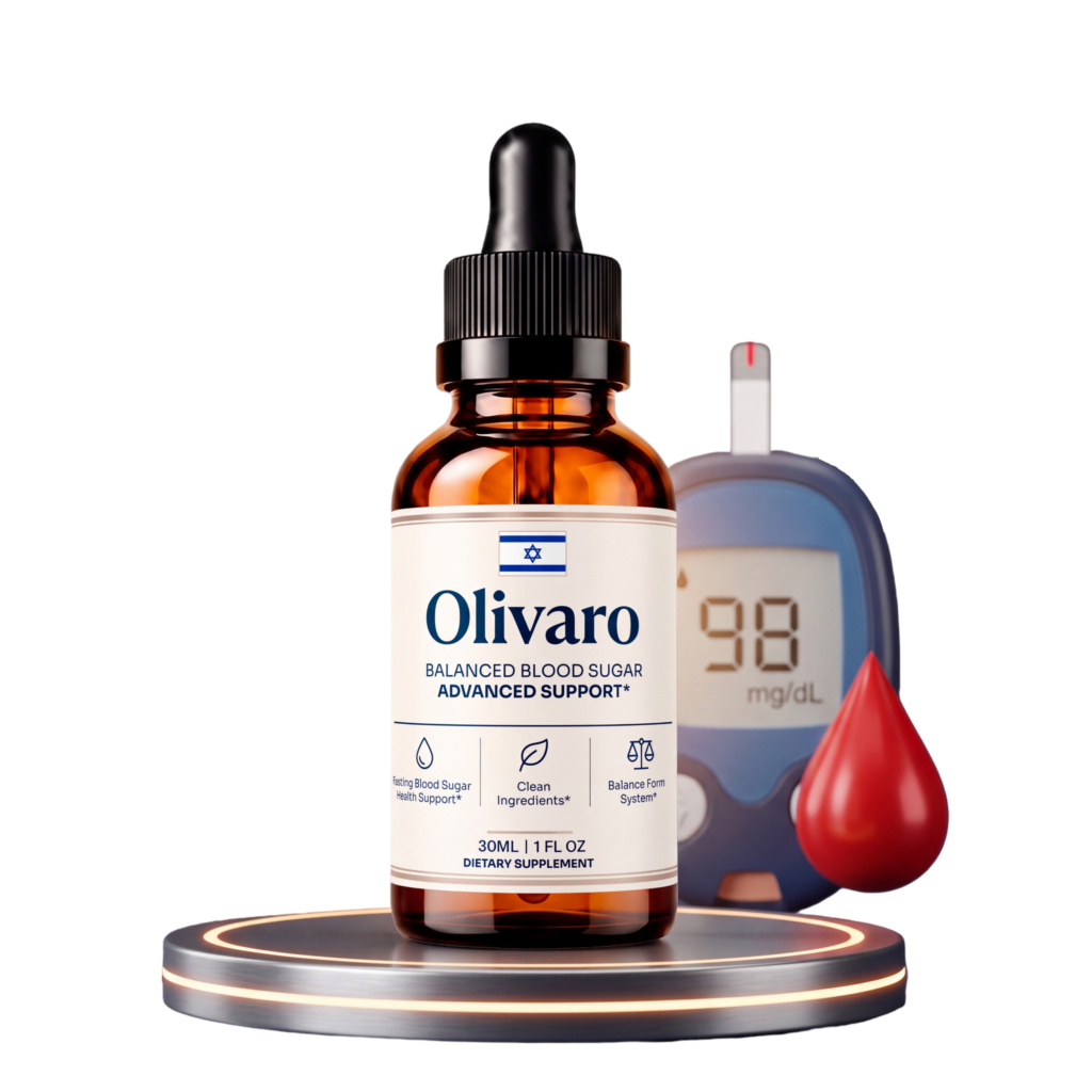Olivaro Drops 30 mL amber dropper bottle shown with a glucose meter